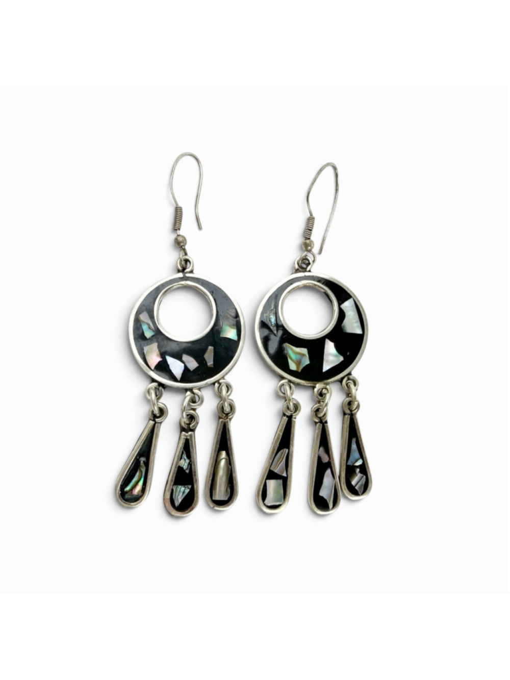 Vintage Alpaca Silver Abalone Onyx Dangle Earrings Signed Statement Jewelry